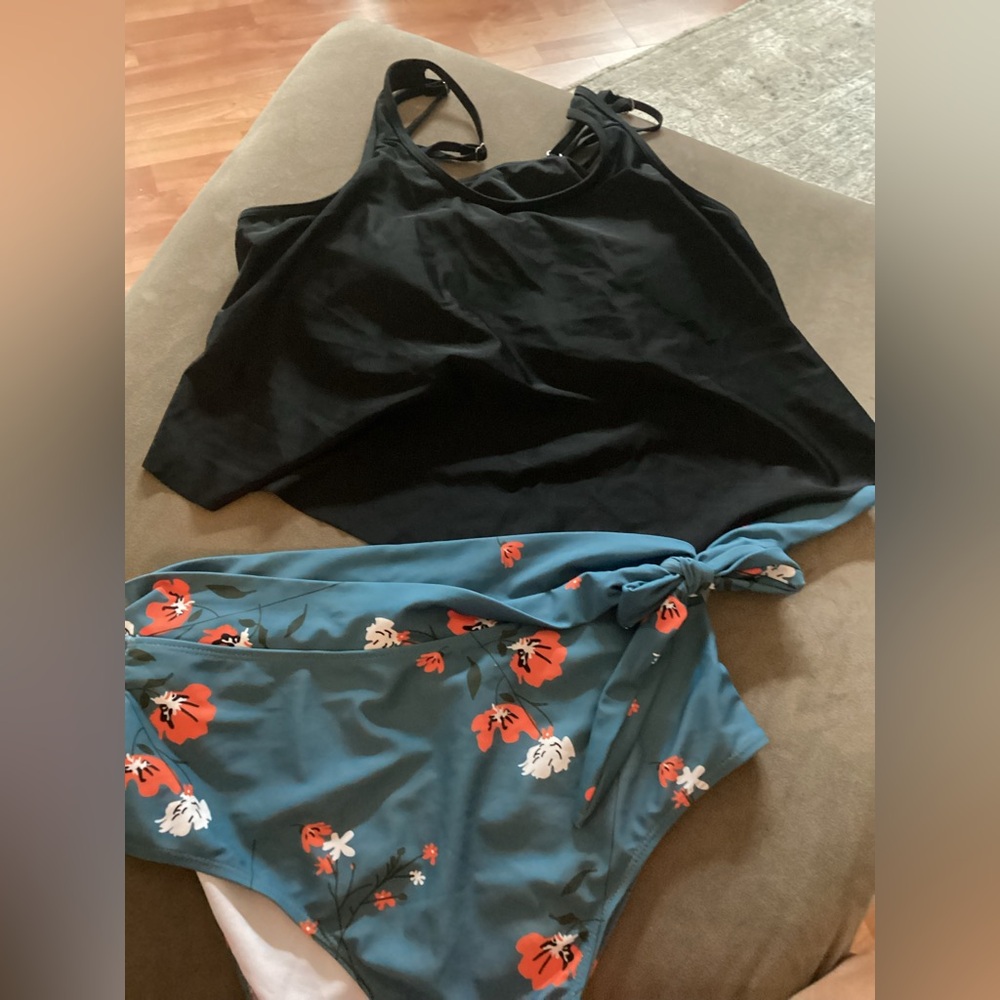 Black and Floral Two-Piece Swimsuit